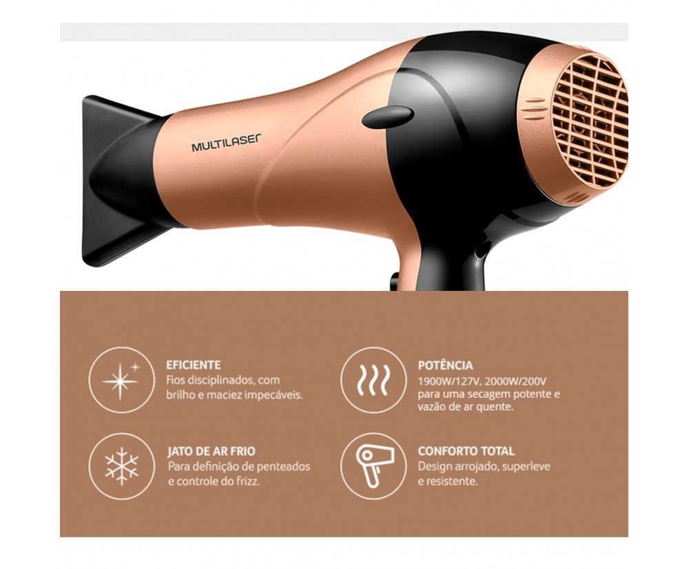 Secador De Cabelo Leve Alta Performance 1900w 127v 3 Temperaturas Quente/Frio 