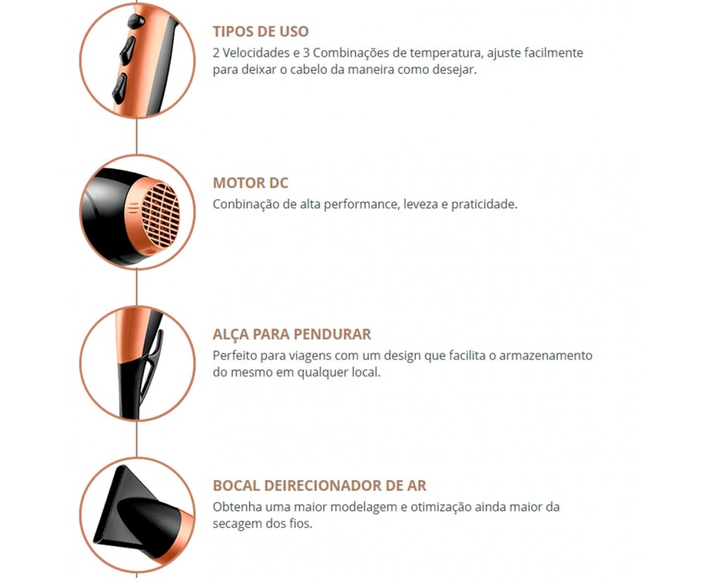 Secador De Cabelo Leve Alta Performance 1900w 127v 3 Temperaturas Quente/Frio 